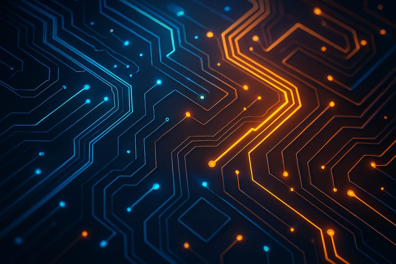 Circuit numérique bleu et orange symbolisant l’innovation digitale de 5 WEB en région Centre-Val de Loire
